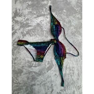 Joe Boxer Womens Rainbow Prism Bandeau Halter Bikini Set Multicolor Large